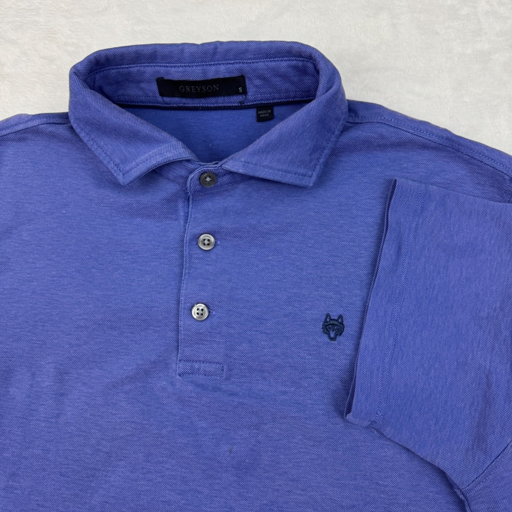 Greyson Mens S Short Sleeve Wolf Logo Pique Polo Shirt Purple Blue Heather Golf - Picture 2 of 7